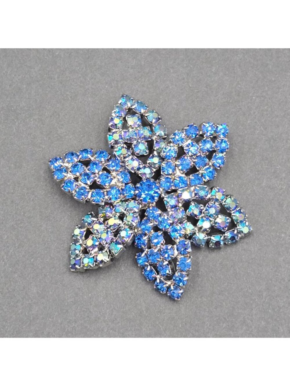 Vintage Rhinestone Blue Aurora Borealis Flower Brooch 2" Silver Tone Star Pin